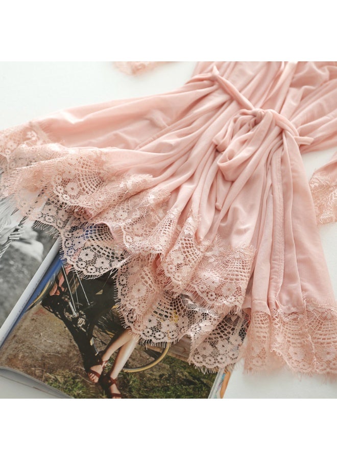 جوي شيك بيجامات نسائية من الدانتيل مكونة من أربع قطع، ثوب نوم بدون ظهر، طقم ثوب نوم داخلي نسائي برقبة على شكل حرف V عميق، ملابس منزلية بأكمام طويلة، حلوة وعصرية، وردي - Image 5