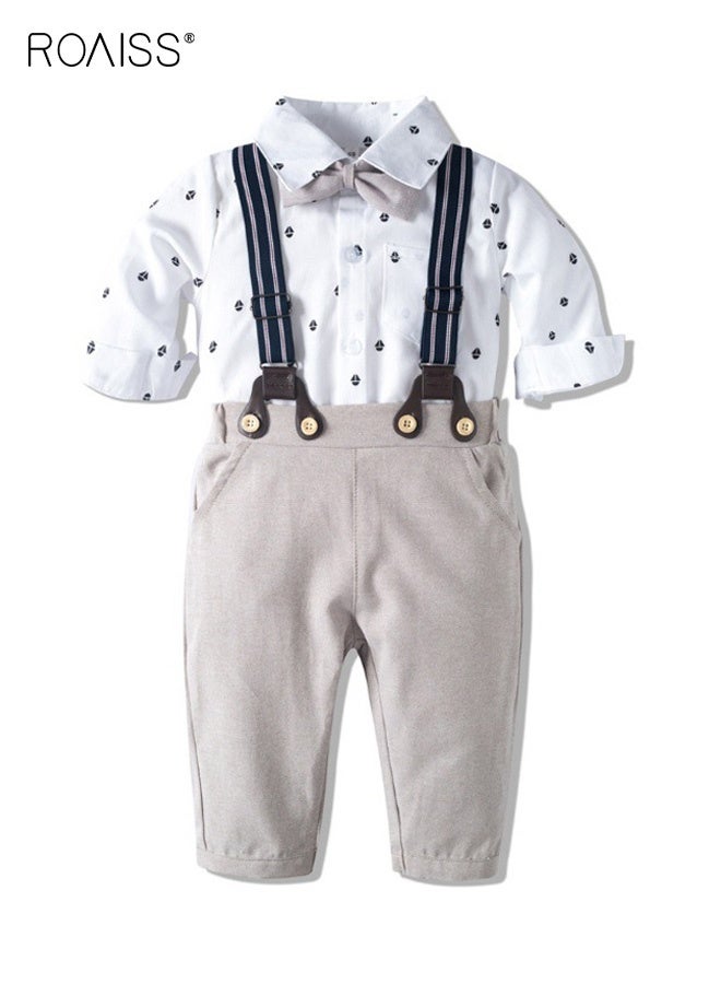 رويس مجموعة ملابس للأطفال الرضع من 3 قطع، مجموعة أنيقة من البدلات والبنطلونات السادة للصغار، قميص طويل الأكمام وبنطلون بحمالات مع ربطة عنق وبرنيطة، مناسبة لحفلات الزفاف والعروض والتصوير الفوتوغرافي والأنشطة الخارجية - Image 2