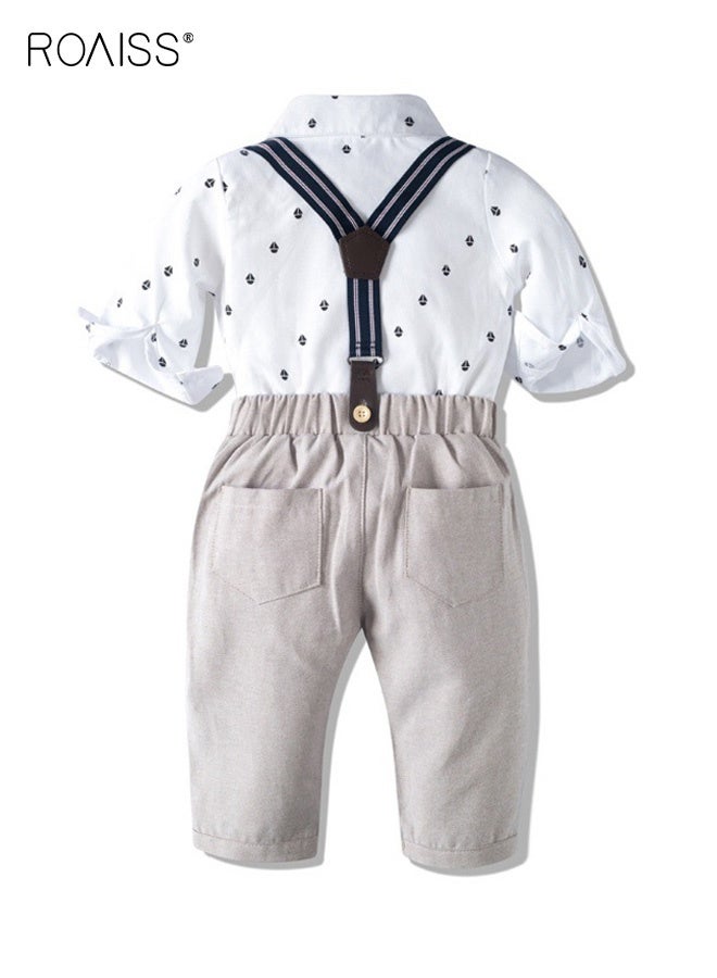 رويس مجموعة ملابس للأطفال الرضع من 3 قطع، مجموعة أنيقة من البدلات والبنطلونات السادة للصغار، قميص طويل الأكمام وبنطلون بحمالات مع ربطة عنق وبرنيطة، مناسبة لحفلات الزفاف والعروض والتصوير الفوتوغرافي والأنشطة الخارجية - Image 3