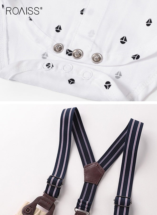 رويس مجموعة ملابس للأطفال الرضع من 3 قطع، مجموعة أنيقة من البدلات والبنطلونات السادة للصغار، قميص طويل الأكمام وبنطلون بحمالات مع ربطة عنق وبرنيطة، مناسبة لحفلات الزفاف والعروض والتصوير الفوتوغرافي والأنشطة الخارجية - Image 4