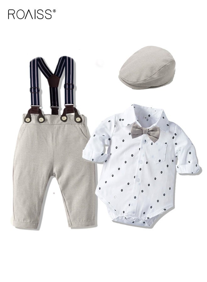 رويس مجموعة ملابس للأطفال الرضع من 3 قطع، مجموعة أنيقة من البدلات والبنطلونات السادة للصغار، قميص طويل الأكمام وبنطلون بحمالات مع ربطة عنق وبرنيطة، مناسبة لحفلات الزفاف والعروض والتصوير الفوتوغرافي والأنشطة الخارجية - Image 1