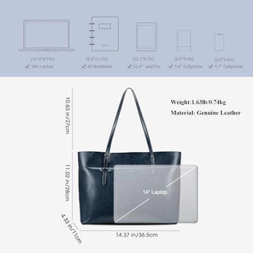Kattee Vintage Genuine Leather Tote Shoulder Bag for Women Satchel Handbag with Top Handles (Blue) - Image 3