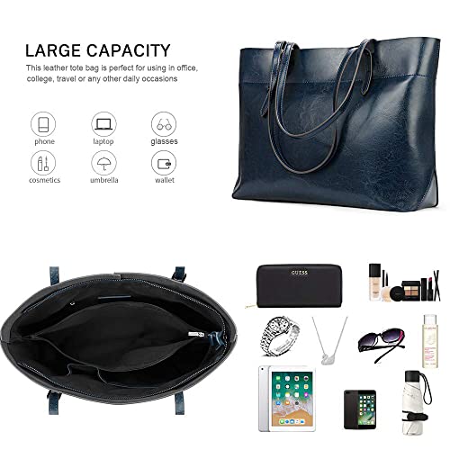 Kattee Vintage Genuine Leather Tote Shoulder Bag for Women Satchel Handbag with Top Handles (Blue) - Image 4