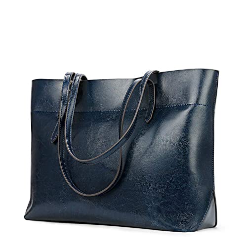 Kattee Vintage Genuine Leather Tote Shoulder Bag for Women Satchel Handbag with Top Handles (Blue) - Image 1