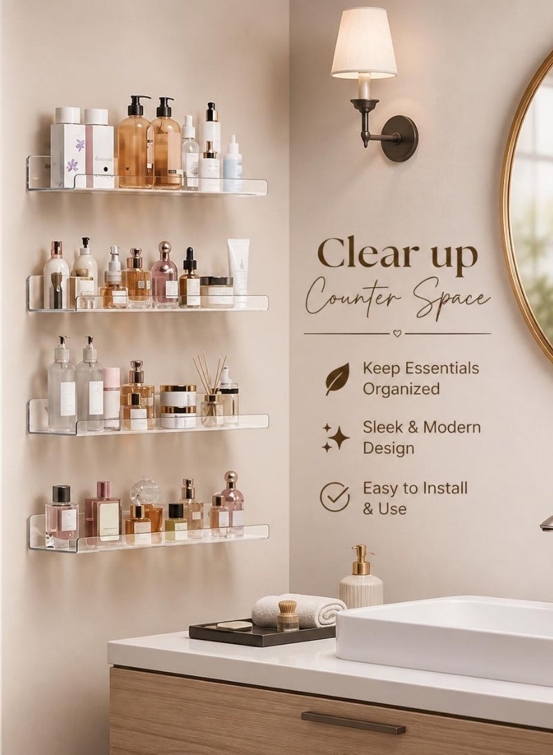 4 Pack Acrylic Shelves for Wall Storage and Organizer, 15" Clear Floating Wall Shelf, No Drilling Adhesive Shelves | Acrylic Book Shelf, Display Shelves Organizer for Bathroom, Classroom, Bedroom, Living Room, Kitchen, Room Decor - Image 4