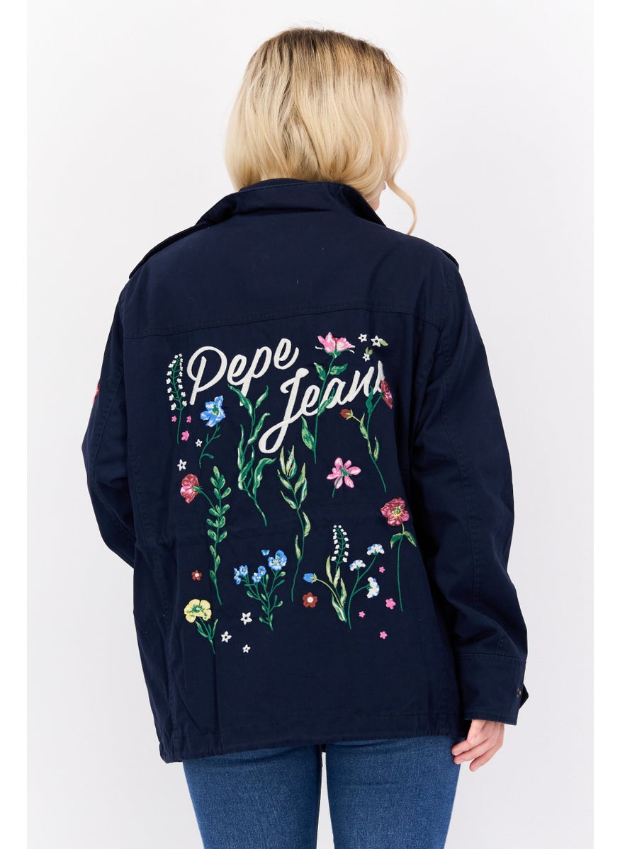 Pepe Jeans Women Mock Neck Embroidered Jackets, Navy Combo  - Image 3