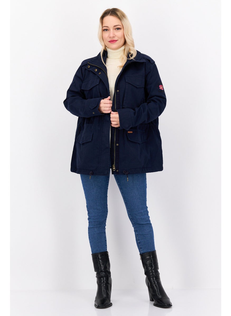 Pepe Jeans Women Mock Neck Embroidered Jackets, Navy Combo  - Image 4
