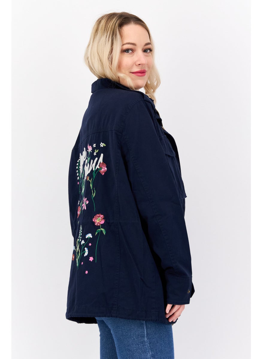 Pepe Jeans Women Mock Neck Embroidered Jackets, Navy Combo  - Image 2