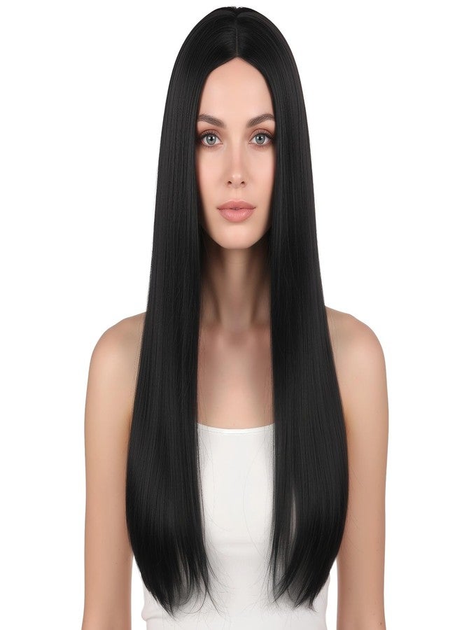 DORMIYA 20 in Black Long Straight Wig, Wear and Go Glueless Wig Center Part, High Temperature Synthetic Hair Wig with Natural-Look Flesh-Tone Front, Breathable Innet Net and Elastic Strap Buckle - Image 2