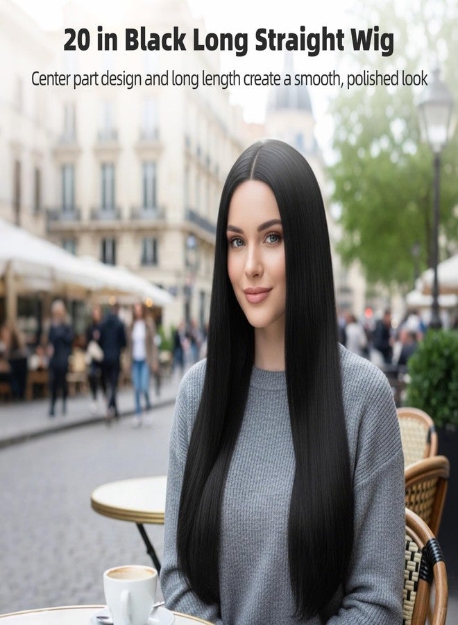 DORMIYA 20 in Black Long Straight Wig, Wear and Go Glueless Wig Center Part, High Temperature Synthetic Hair Wig with Natural-Look Flesh-Tone Front, Breathable Innet Net and Elastic Strap Buckle - Image 5