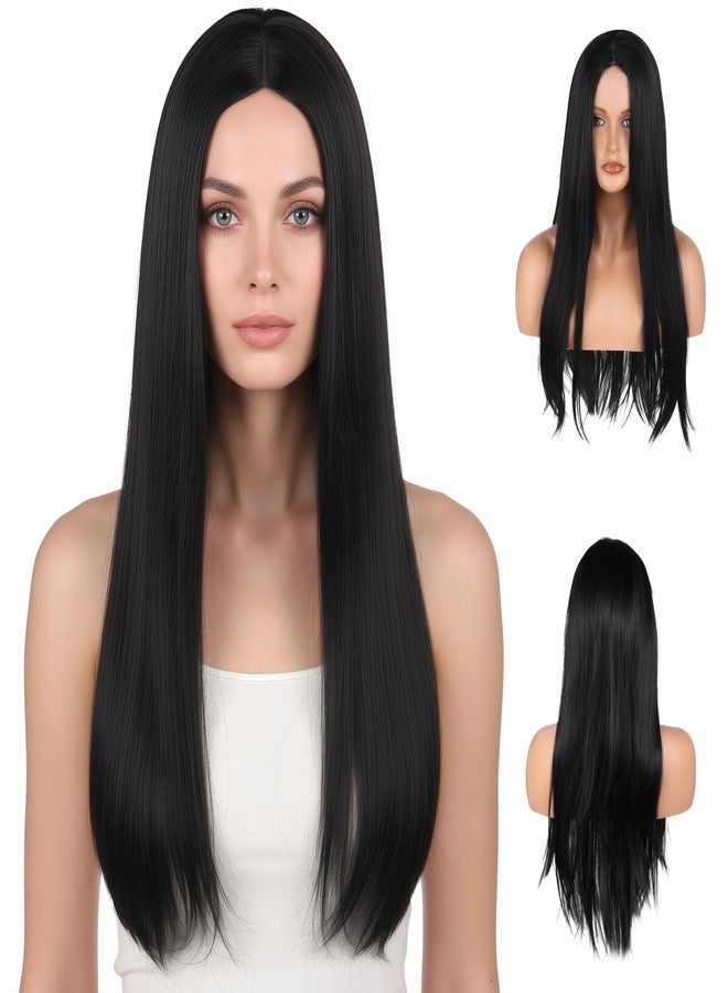 DORMIYA 20 in Black Long Straight Wig, Wear and Go Glueless Wig Center Part, High Temperature Synthetic Hair Wig with Natural-Look Flesh-Tone Front, Breathable Innet Net and Elastic Strap Buckle - Image 1
