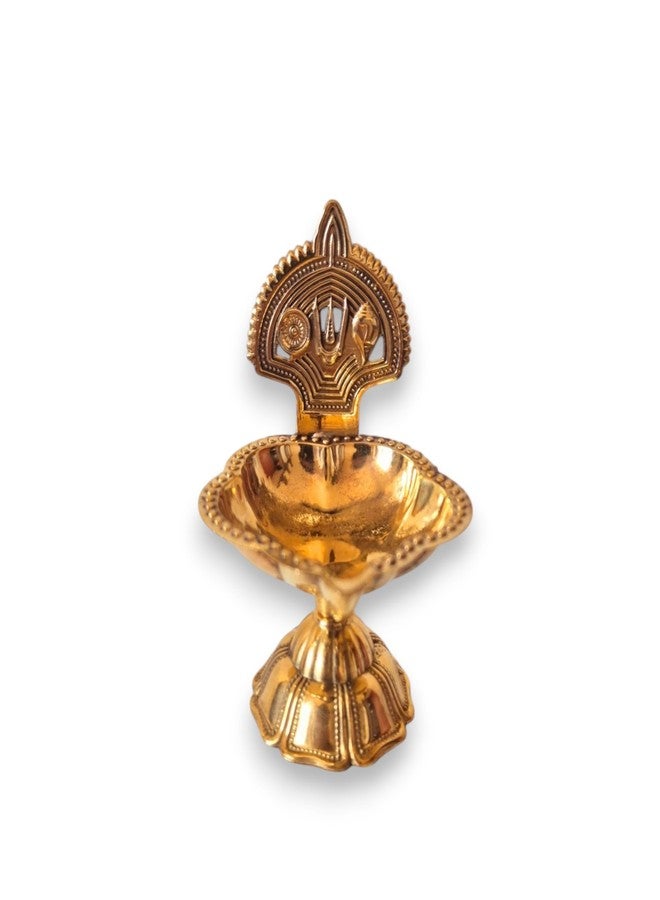 RAISOM Brass Shankha Chakra Balaji Tilak Diya | Premium Oil Lamp for Pooja, Home and Office Temple | Housewarming Gift, Diwali Puja and Festive Gifting | Height : 3.5 Inch, Weight : 65 Grams - Image 1