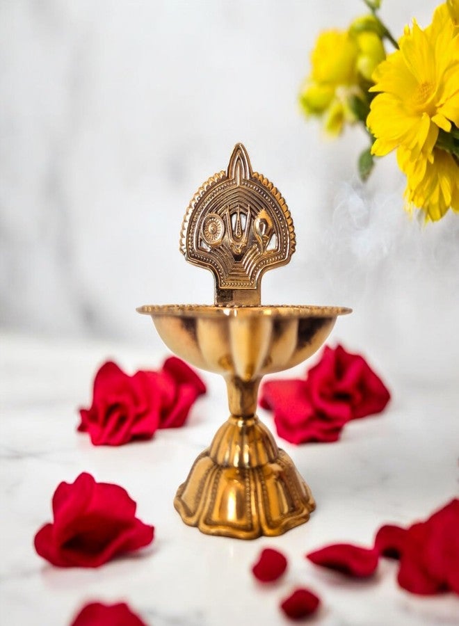RAISOM Brass Shankha Chakra Balaji Tilak Diya | Premium Oil Lamp for Pooja, Home and Office Temple | Housewarming Gift, Diwali Puja and Festive Gifting | Height : 3.5 Inch, Weight : 65 Grams - Image 3