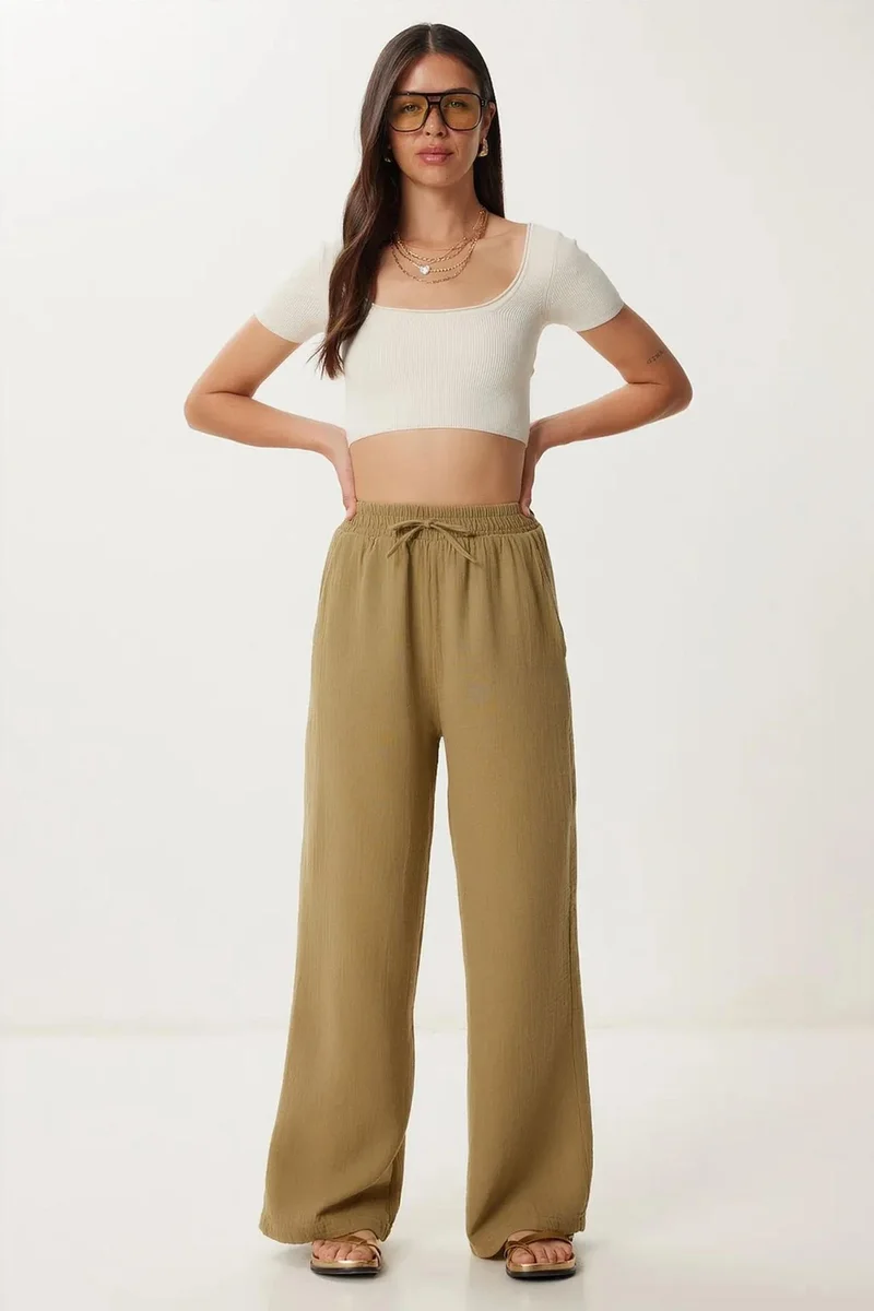 هابينس اسطنبول ISTANBUL Wide Leg Drawstring Waist Pants with Binding Detail