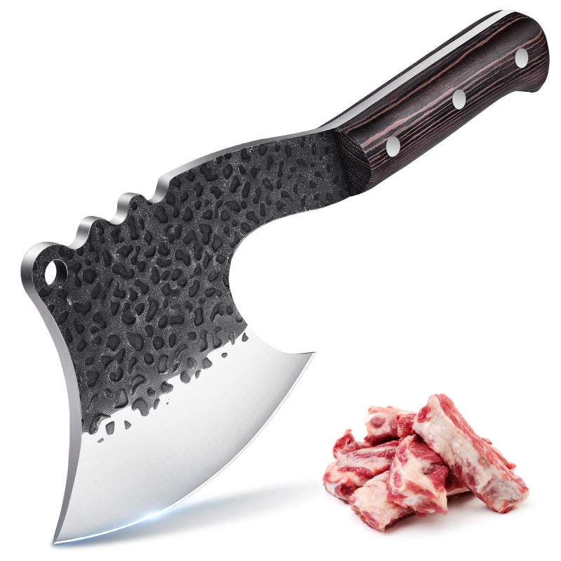 ROCOCO Meat Bone Cleaver Knife for Meat Cutting Handmade Heavy Duty Butcher Axes Hand Forged Full Tang Chopper for Kitchen Outdoor BBQ Chirstmas Mother Father Gifts Idea Men Black - Image 1