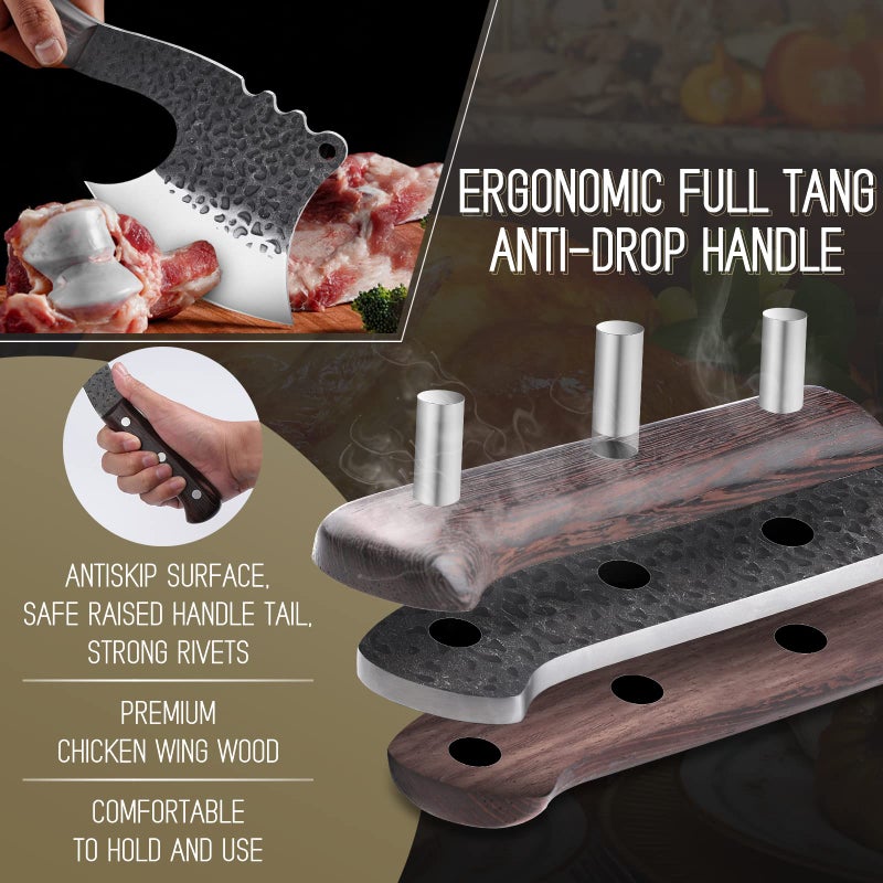 ROCOCO Meat Bone Cleaver Knife for Meat Cutting Handmade Heavy Duty Butcher Axes Hand Forged Full Tang Chopper for Kitchen Outdoor BBQ Chirstmas Mother Father Gifts Idea Men Black - Image 5