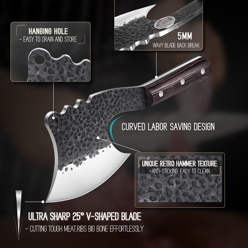 ROCOCO Meat Bone Cleaver Knife for Meat Cutting Handmade Heavy Duty Butcher Axes Hand Forged Full Tang Chopper for Kitchen Outdoor BBQ Chirstmas Mother Father Gifts Idea Men Black - Image 4
