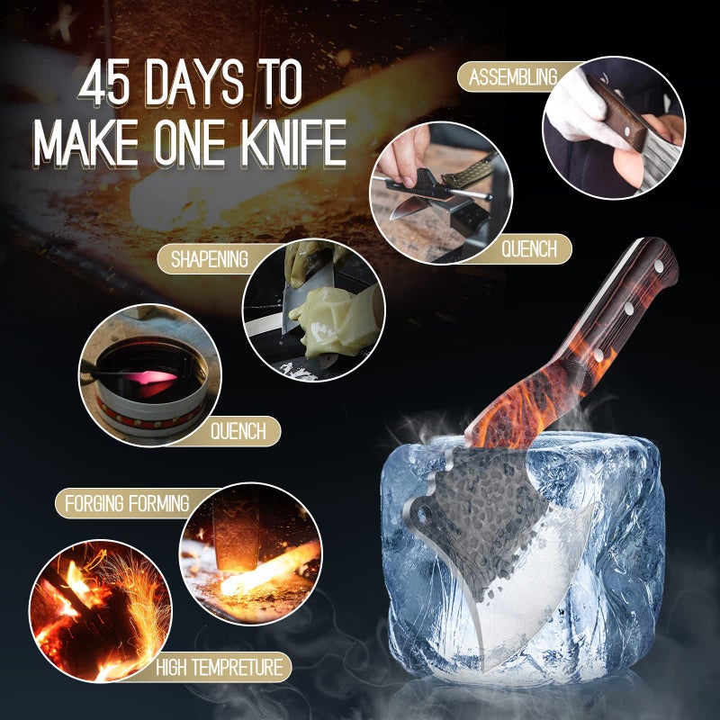 ROCOCO Meat Bone Cleaver Knife for Meat Cutting Handmade Heavy Duty Butcher Axes Hand Forged Full Tang Chopper for Kitchen Outdoor BBQ Chirstmas Mother Father Gifts Idea Men Black - Image 3