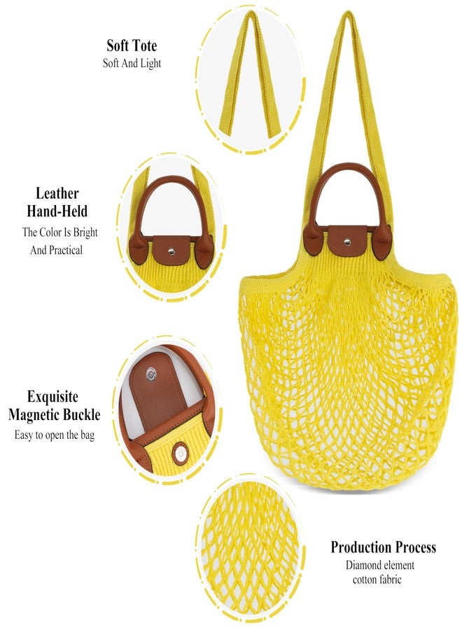 Hibala Woven Bag for Women, Fishing net bag,Straw Mesh Tote Bag, Beach,Hobo Bag, Foldable Large Capacity (Yellow) - Image 4