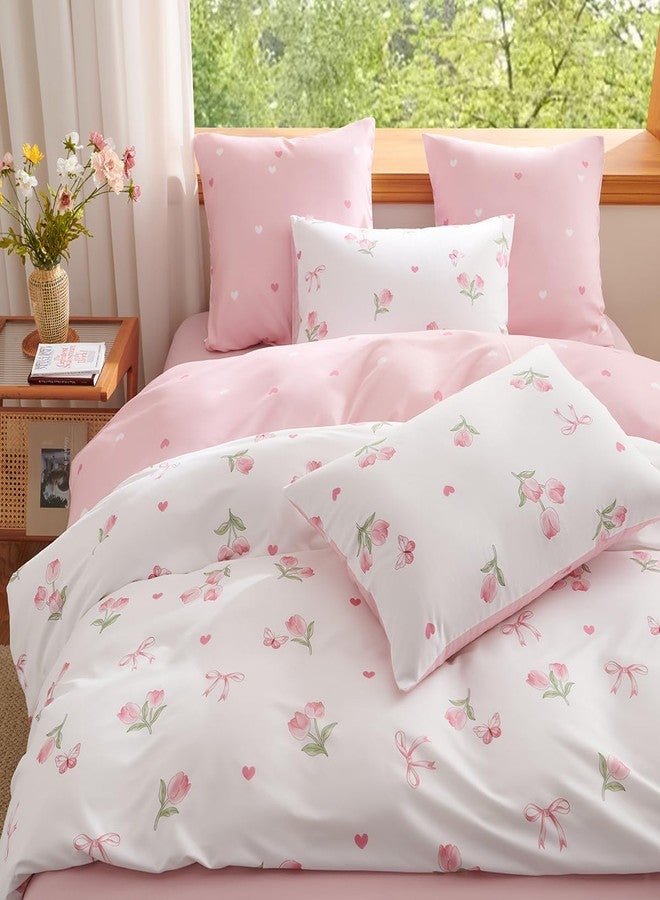 Bildenly Duvet Cover Full White - Pink Floral Comforter Cover Soft & Lightweight Bedding Set, Microfiber Pink Bow Quilt Cover with Zipper Closure and 2 Pillowcases (79" x 90", No Comforter) - Image 4