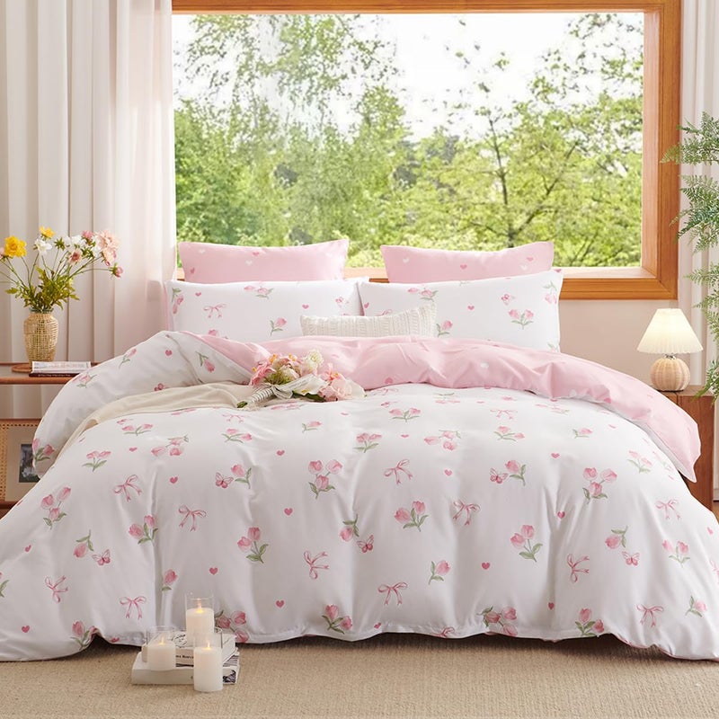 Bildenly Duvet Cover Full White - Pink Floral Comforter Cover Soft & Lightweight Bedding Set, Microfiber Pink Bow Quilt Cover with Zipper Closure and 2 Pillowcases (79" x 90", No Comforter) - Image 1