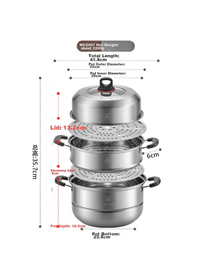 MAX COOK Maxcook Stainless Steel Steamer Pot, 32cm Three-layer Steamer And Soup Pot With Reinforced Bottom, High Lid, Suitable For Gas And Induction Stoves, Mcz047 - Image 1
