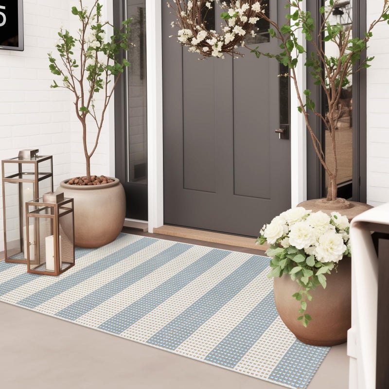 Sungea Boho Striped Outdoor Mats for Front Door 2'x4.3',Blue and Cream Washable Rug Runner,Cotton Hand Woven Indoor Outdoor Rugs,Foldable Farmhouse Layered Door Mats for Entryway - Image 1