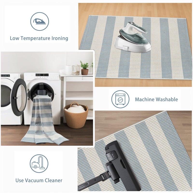 Sungea Boho Striped Outdoor Mats for Front Door 2'x4.3',Blue and Cream Washable Rug Runner,Cotton Hand Woven Indoor Outdoor Rugs,Foldable Farmhouse Layered Door Mats for Entryway - Image 4
