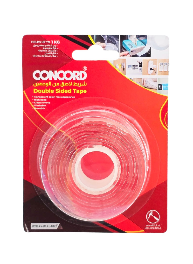 كونكورد شريط لاصق على الوجهين شفاف، ٢مم×٣سم×١.٥متر، قابل للغسل وإعادة الاستخدام قوي - Image 1