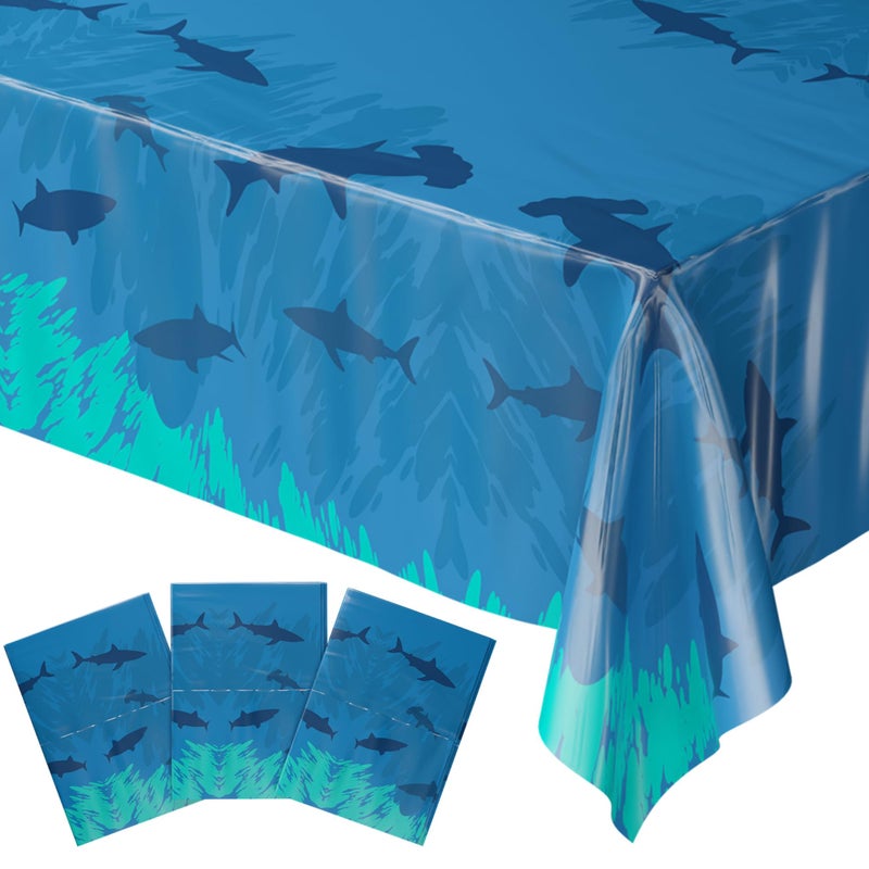 Blue Orchards Shark Table Covers (Pack of 3) â€“ 54â€ x 108â€ XL - Plastic Tablecloths for Birthday, Ocean Theme Decorations, Under The Sea Party Supplies, Sea Animal Party for Kids - Image 1