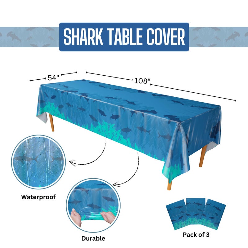 Blue Orchards Shark Table Covers (Pack of 3) â€“ 54â€ x 108â€ XL - Plastic Tablecloths for Birthday, Ocean Theme Decorations, Under The Sea Party Supplies, Sea Animal Party for Kids - Image 2