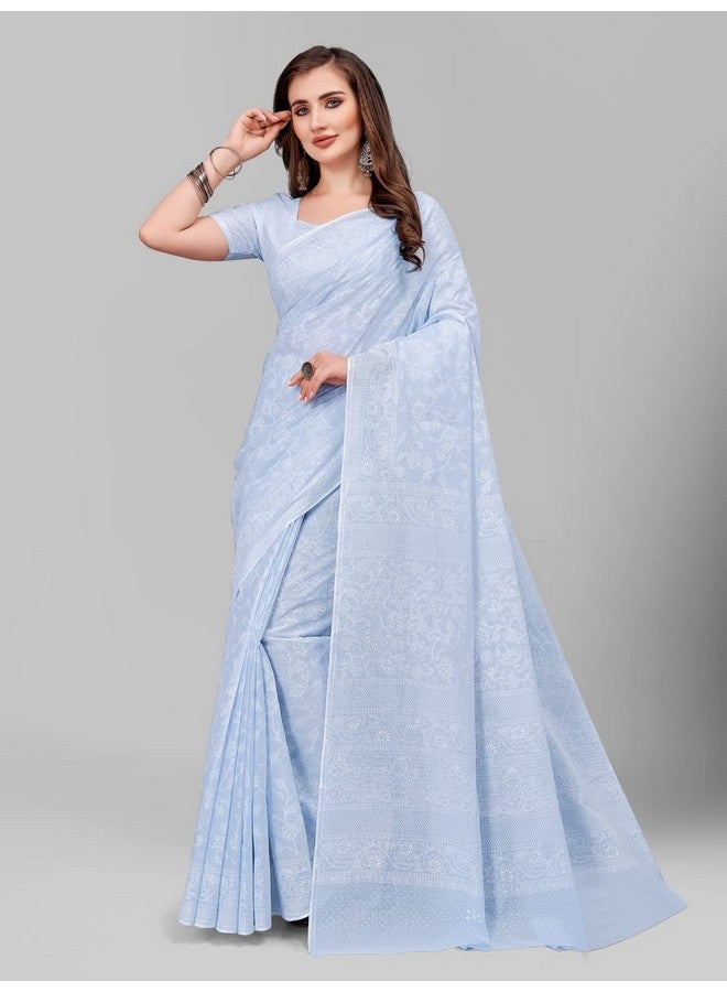 RATAN Pure Cotton Printed Mulmul Saree for Women with Blouse Piece (MMZ-BP-SKY_Sky Blue) - Image 5
