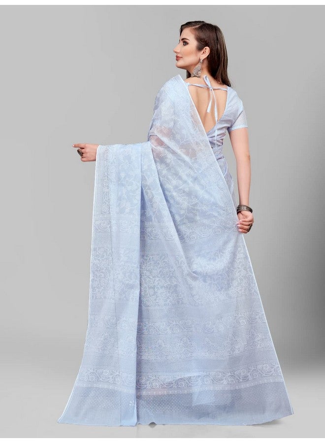 RATAN Pure Cotton Printed Mulmul Saree for Women with Blouse Piece (MMZ-BP-SKY_Sky Blue) - Image 4