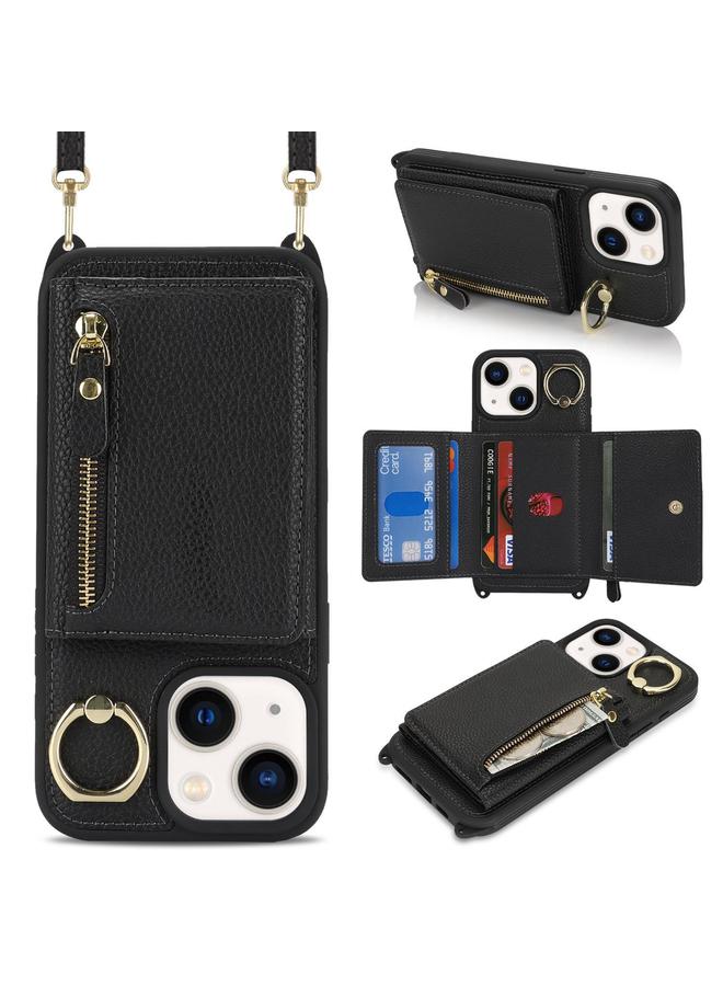 S-TOP Case For iPhone 13 mini Crossbody Zipper Wallet Ring Holder Litchi Leather Phone Case - Image 1