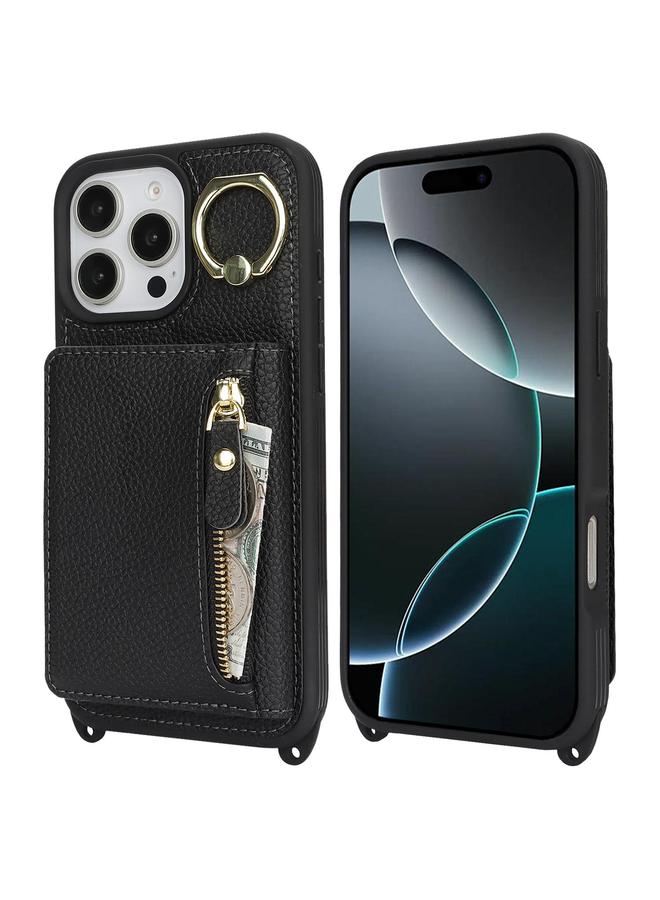 S-TOP Case For iPhone 13 mini Crossbody Zipper Wallet Ring Holder Litchi Leather Phone Case - Image 2