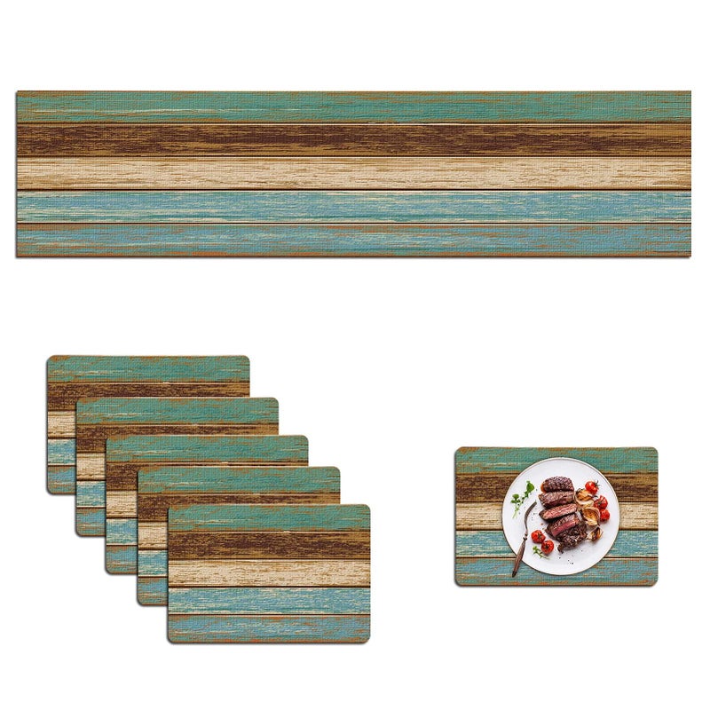 Mcalk Farmhouse Table Runner and Placemats Set of 6 Pieces Teal and Brown Placemats Wooden TextureRectangle Cloth Place Mats Indoor for KitchenWashable Placemats Linen Material for Living Table