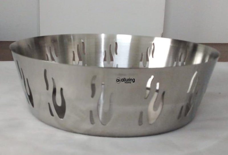 Alluring Homz Alluring Homz Stainless Steel Matt Finish Round BreadFruit Basket Silver Round Basket Fire Design for Serving Roti Chapati Naan Braead Fruits 19 Dia x 5 Height CM 1 Piece  - Image 1