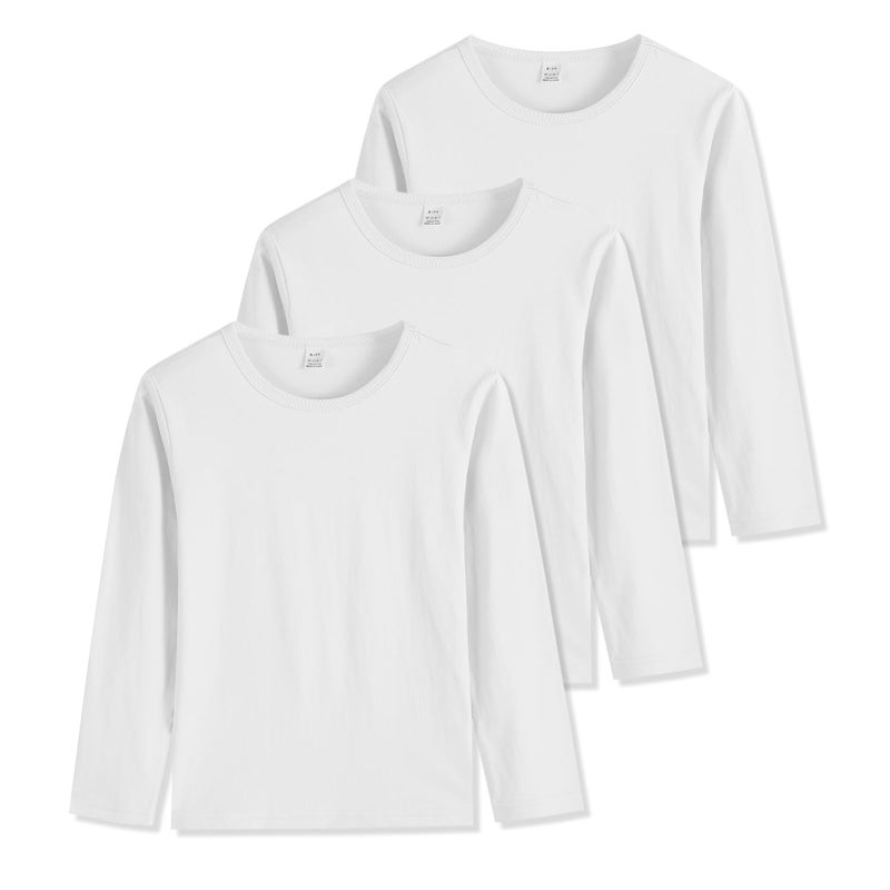Phedrew 3-Pack Boys' Long Sleeve Shirts Kids Basic Long Sleeve Tees Toddlers' Crew Neck Soft Fall Tops White - Image 1