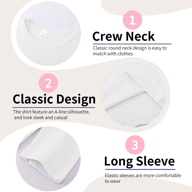 Phedrew 3-Pack Boys' Long Sleeve Shirts Kids Basic Long Sleeve Tees Toddlers' Crew Neck Soft Fall Tops White - Image 5