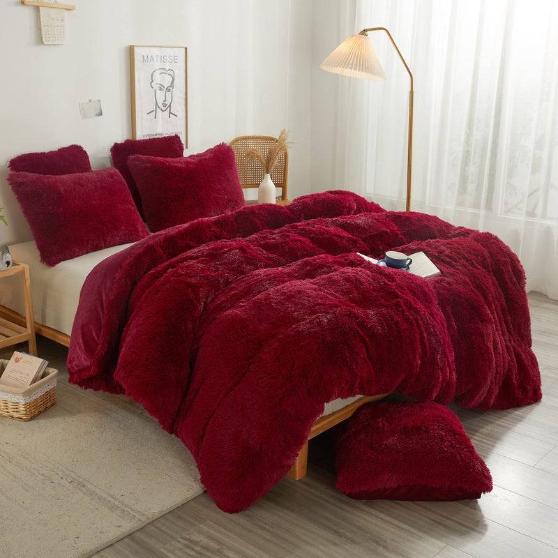 XeGe Cozy Plush Shaggy Duvet Cover Luxury Soft Fluffy Furry Solid Color Comforter Cover 1 PC Bedding for Girls Women Bedroom 1 Faux Fur Fuzzy Quilt Cover Zipper Closure Queen Size Red