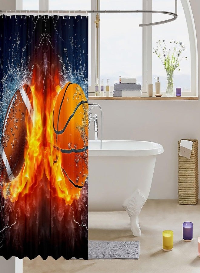 Homewish ستائر حمام بتصميم كرة السلة وكرة القدم، وستائر حمام بتصميم قبعة الرجبي للأطفال والمراهقين والأولاد، وستائر حمام عصرية مقاومة للماء بتصميم لهب أحمر مستوحى من الرياضة، مزودة بـ 12 خطافًا، مناسبة لحوض الاستحمام، مقاس 72 بوصة عرض × 72 بوصة طول - Image 3