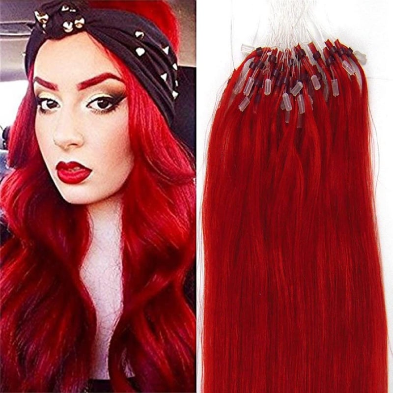 Micro Link Human Hair Extensions Micro Ring Loop Remy Hairpieces Cold Fusion Micro Beads PreLooped Straight Hair Bright Red 16inch 100strands per pack