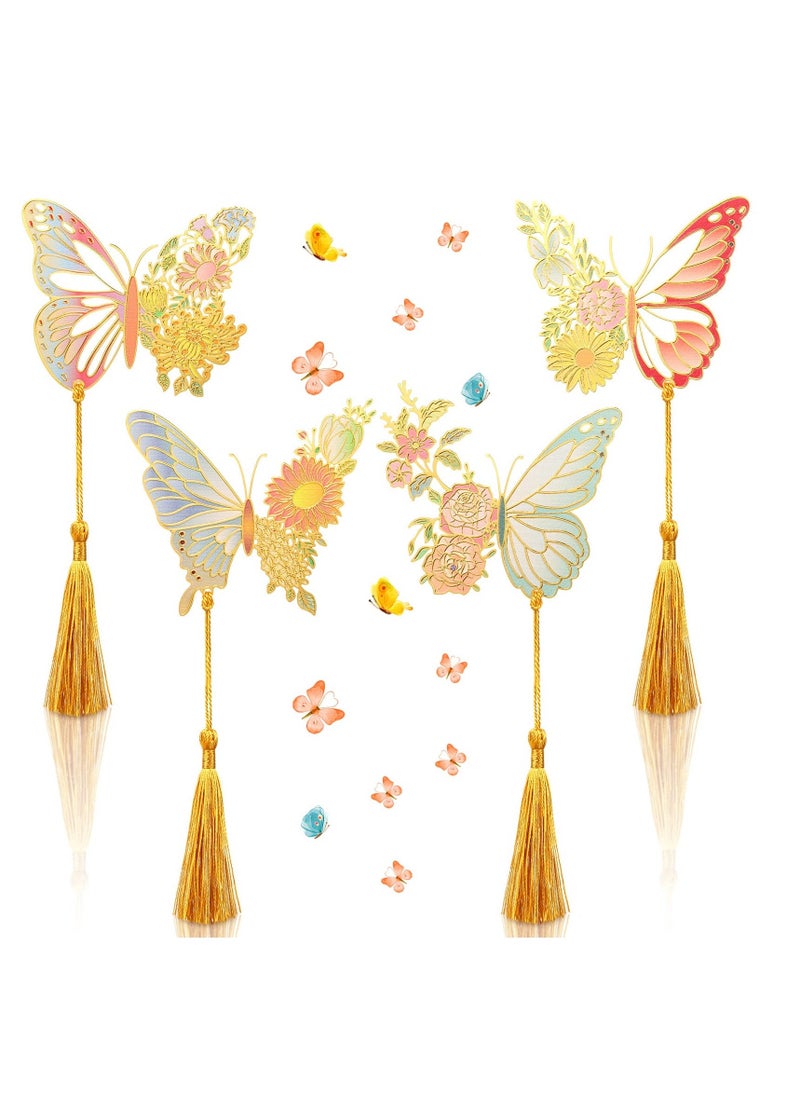 Metal Bookmark, 4 Pcs Vintage Metal Bookmark, Butterfly Flower Bookmark with Tassel Wedding Gift Gold Hollow Trim Book Page, for Women Girl Teacher Friend Book Lover Readers - Image 1