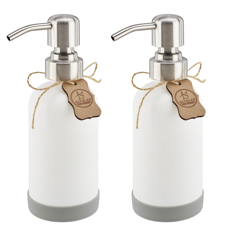 ALTGLAS Refillable Glass Soap Dispenser Sarajevo from Small White Bottle with Stainless Steel Pump and Silicone Coaster 250ml Set of 2