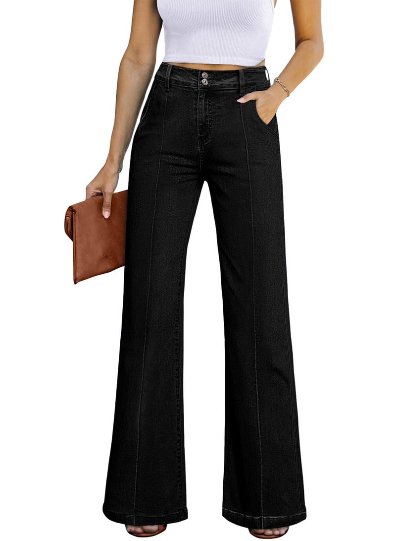 Sidefeel Womens Wide Leg Jeans Casual Baggy High Waisted Stretch Denim Pants Size 10 Black - Image 1