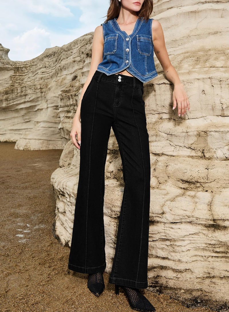 Sidefeel Womens Wide Leg Jeans Casual Baggy High Waisted Stretch Denim Pants Size 10 Black - Image 3