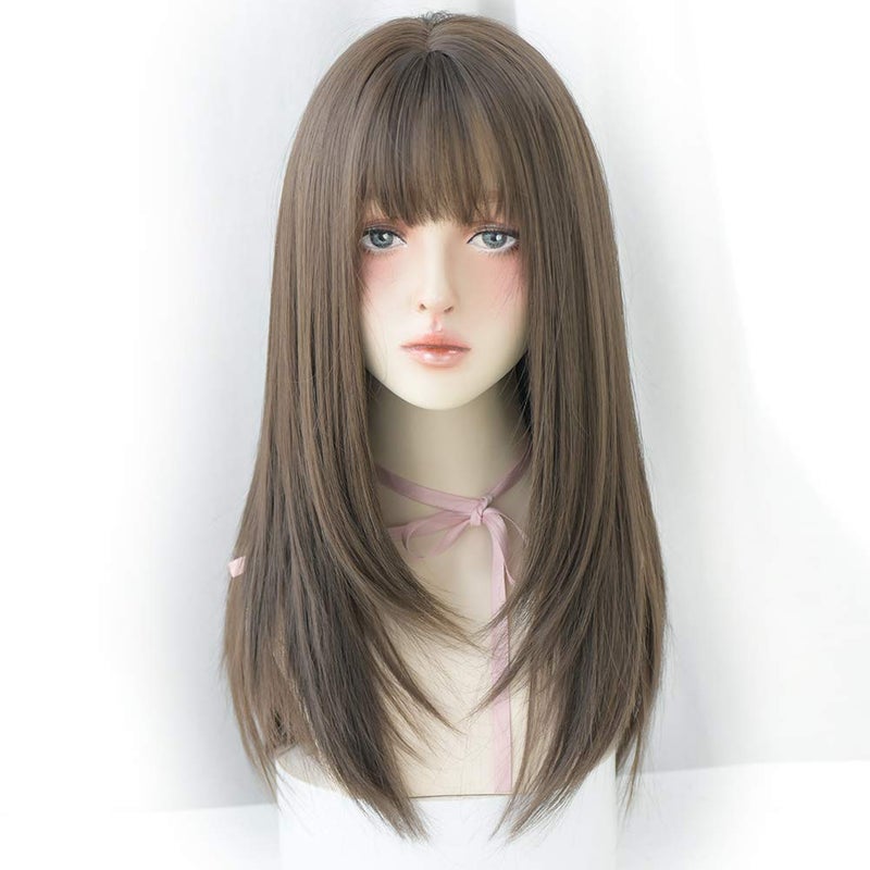 URCGTSA Long Cold Brown Hair Wig for Women Natural Synthetic High Density Wigs With Air Bangs Party Cosplay Use Hair Wig 22inch Cold brown 