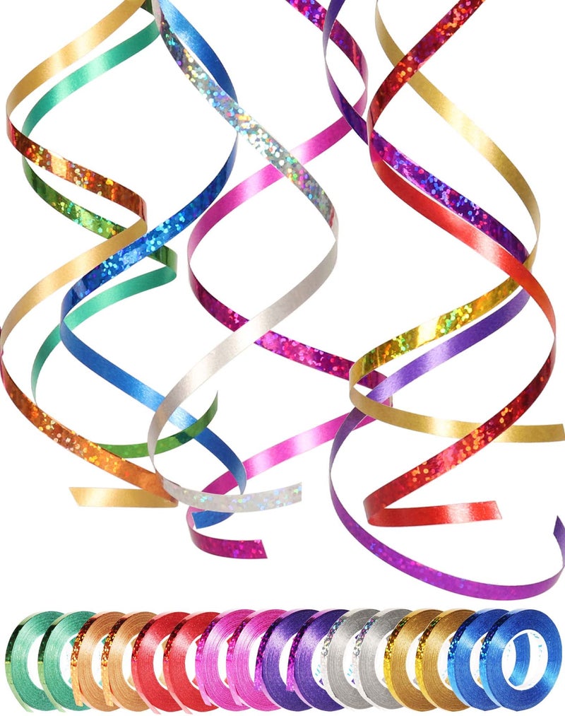 Shiny Curling Ribbon Set 16 Rolls 5mm Metallic Multicolor Crimped Balloon String Gift Wrapping Bow Ribbon for Wedding Crafts Florist Flower Gift Wrapping Party Decor 10mRoll
