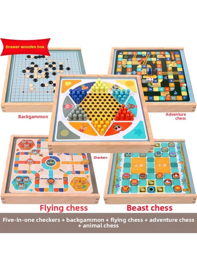Large Nine-in-One Checkers Flying Chess Multifunctional Gobang Go Chess Children's Early Education Educational Board Game For Students-Color:BTE-5 In One Jump + Fly + Risk + Bucket + Five  - Image 1