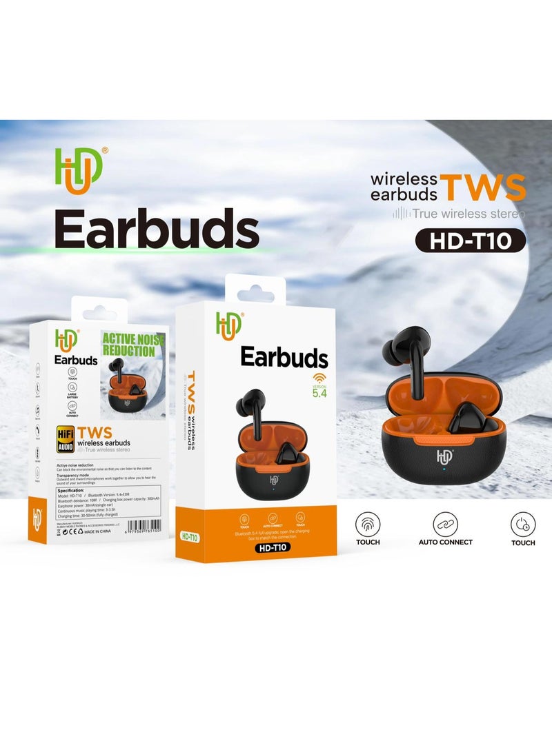 HD-T10 Wireless Earbuds with Active Noise Reduction, Bluetooth 5.4, HiFi Stereo, and Touch Control - TWS Earbuds with Auto Connect